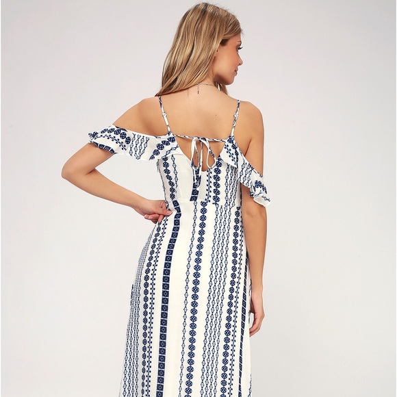 Lulus Brescia Blue and White Print Off-the-Shoulder Maxi Dress XS - Picture 2 of 5